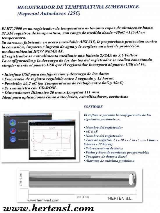 REGISTRADOR DE TEMPERATURA SUMERGIBLE ESPECIAL AUTOCLAVES (HASTA 125ºC)